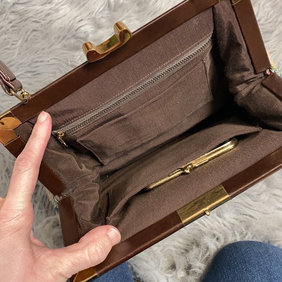 Vintage Floral Needlepoint Clutch with Brown Handle - Picture 5 of 8